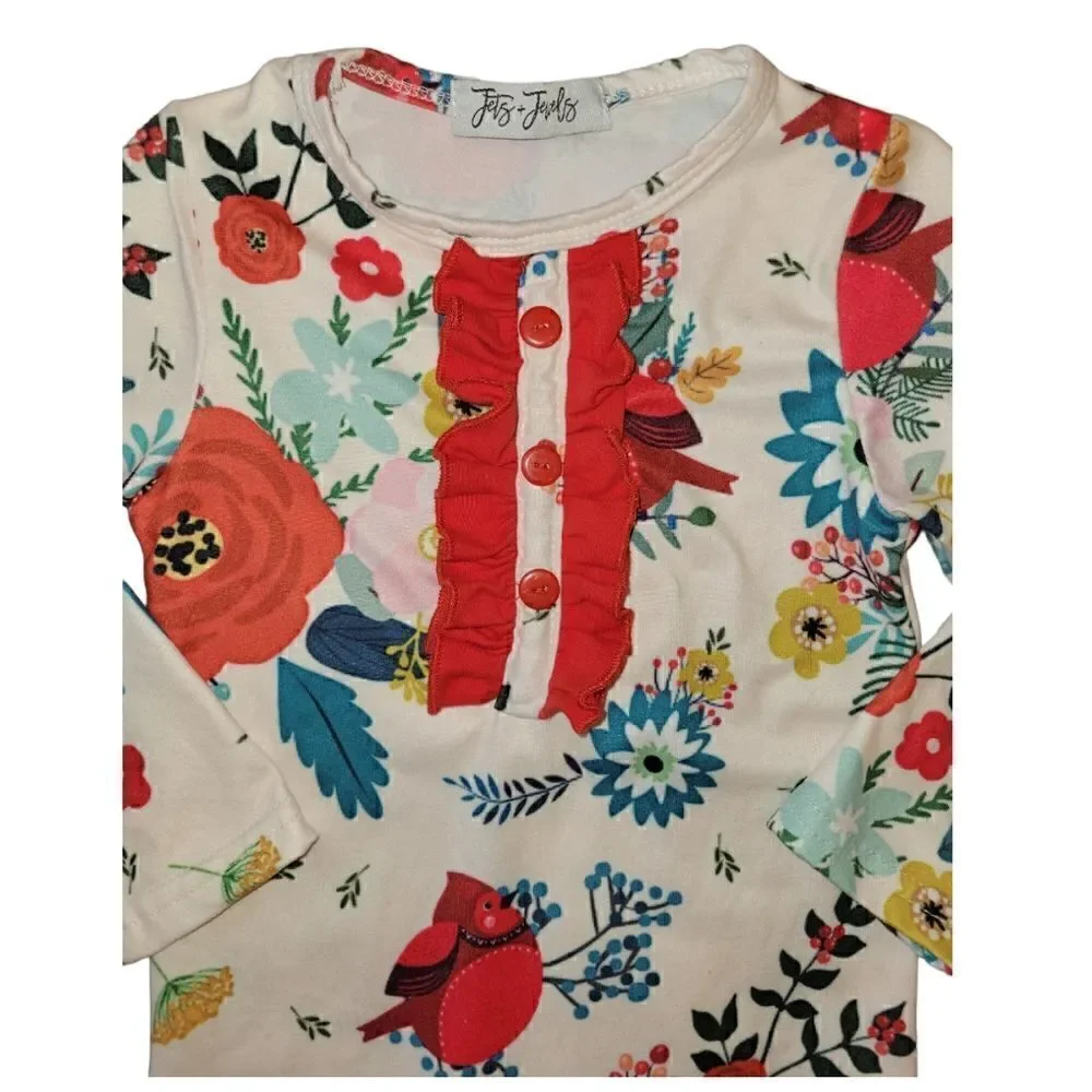 Jets+Jewels Red Bird Cardinal Floral Ruffle Front-Hem Long Onsie Holiday 3M
